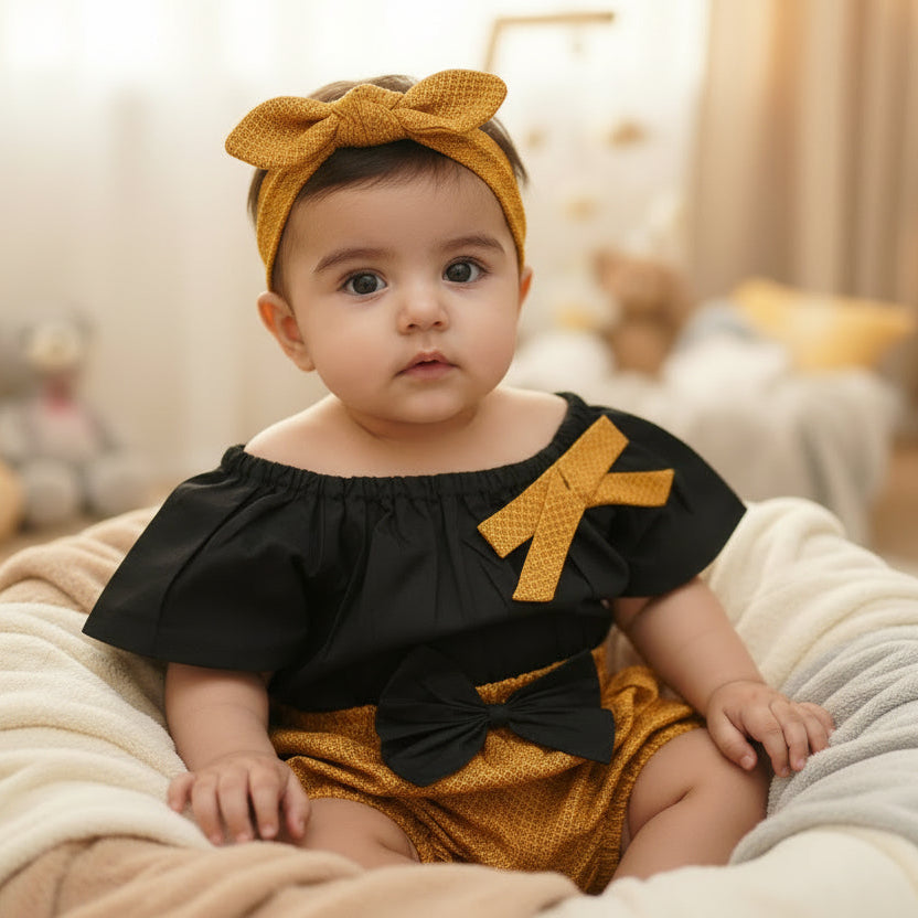 Children's black top with yellow accents and mustard shorts.