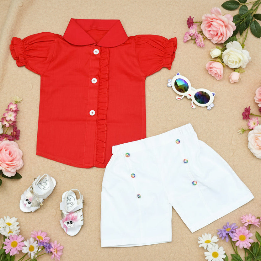 Red shirt, white shorts