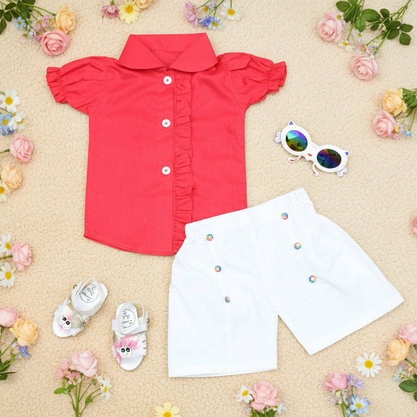 Red blouse, white shorts