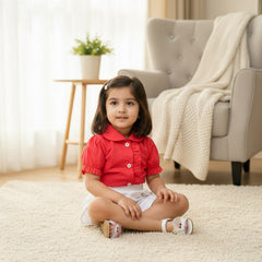 Red blouse, white shorts