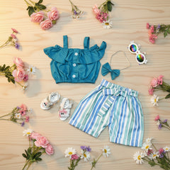Children's blue top, striped shorts
