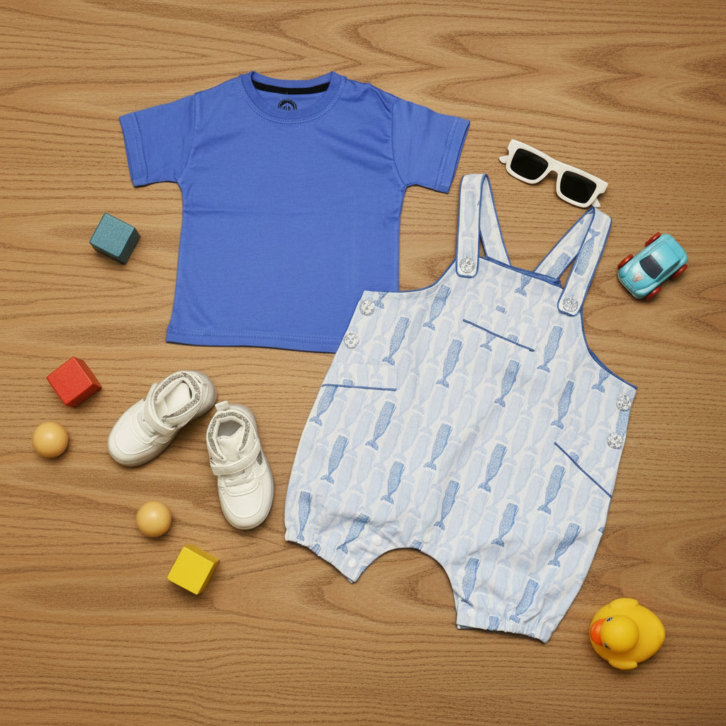 Blue t-shirt, patterned overalls