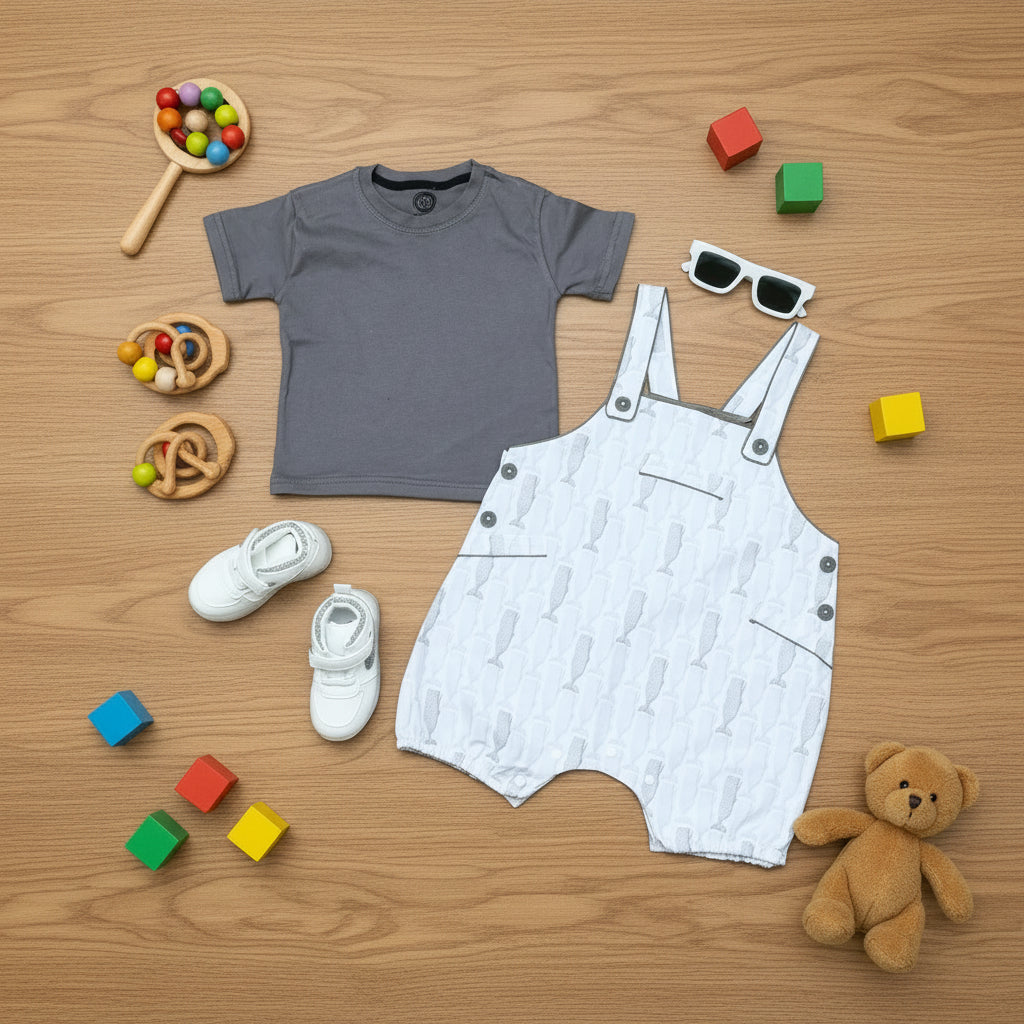 Children's clothing items including a gray t-shirt, white overalls