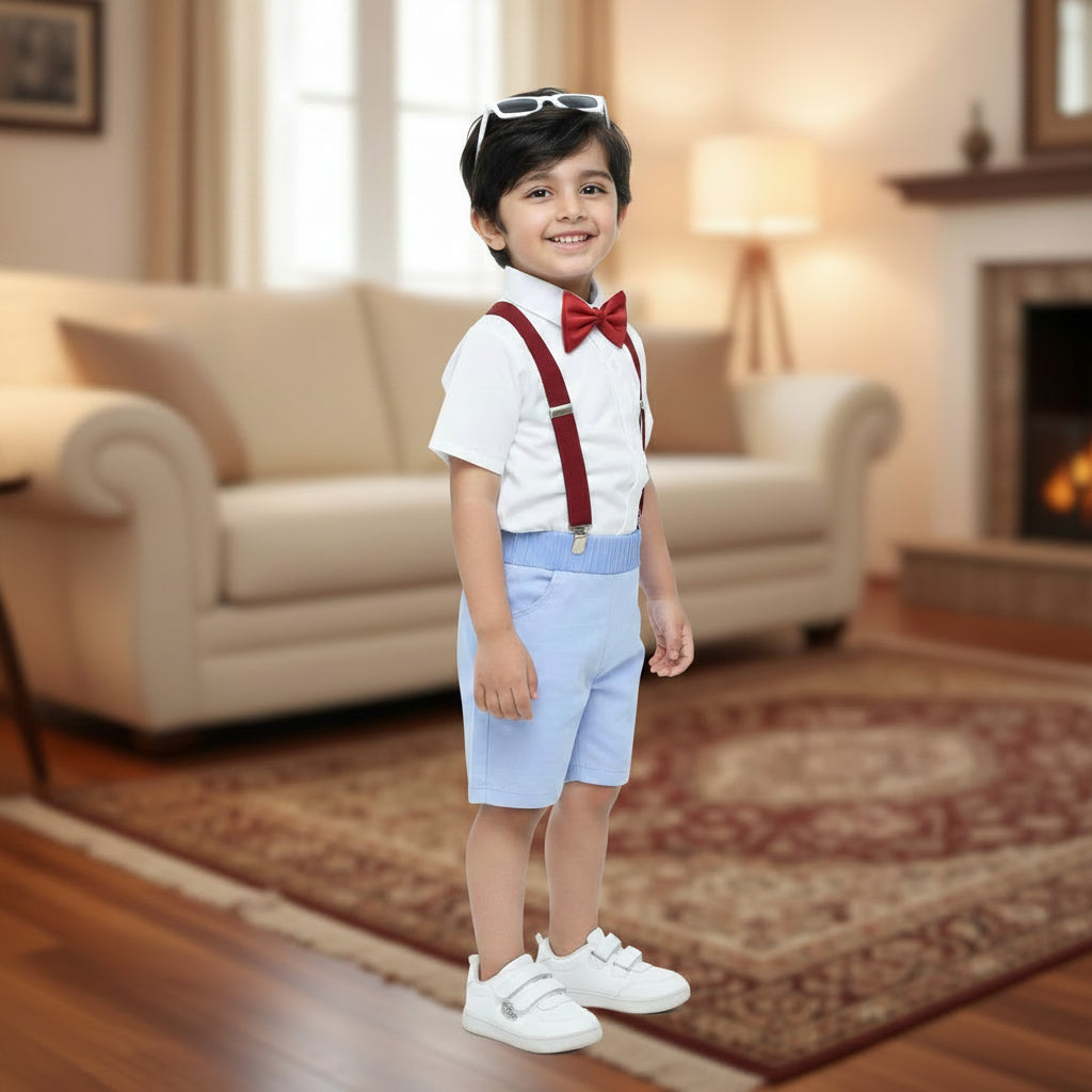 Children's outfit with white shirt, red bow tie, blue shorts, suspenders.