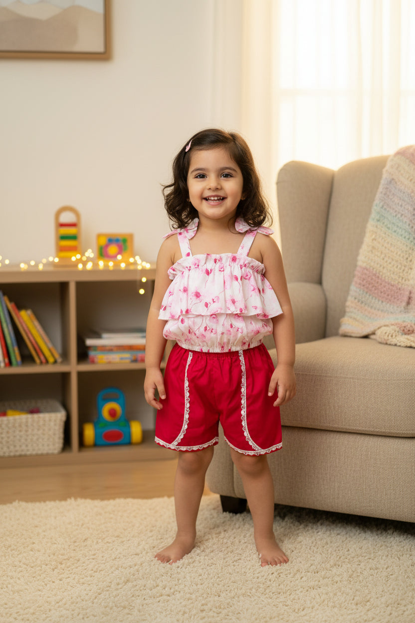 Children's pink floral top and red shorts