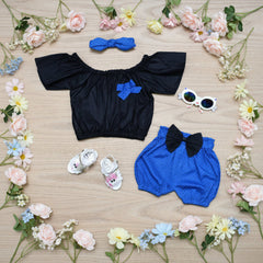 Black crop top with blue accents, blue bloomers