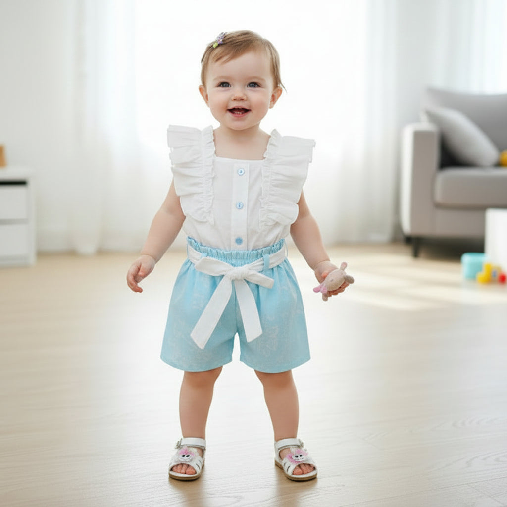 Children's outfit with light blue shorts and white top