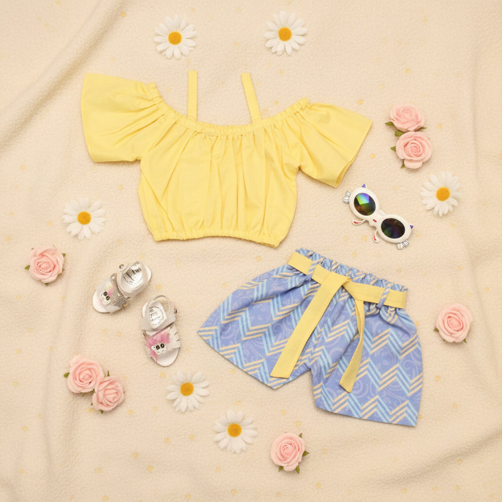 Yellow crop top, blue patterned shorts