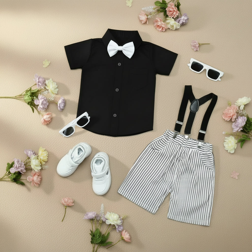 Children's outfit with white shirt, striped shorts, suspenders