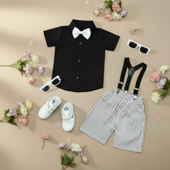 Children's outfit with white shirt, striped shorts, suspenders