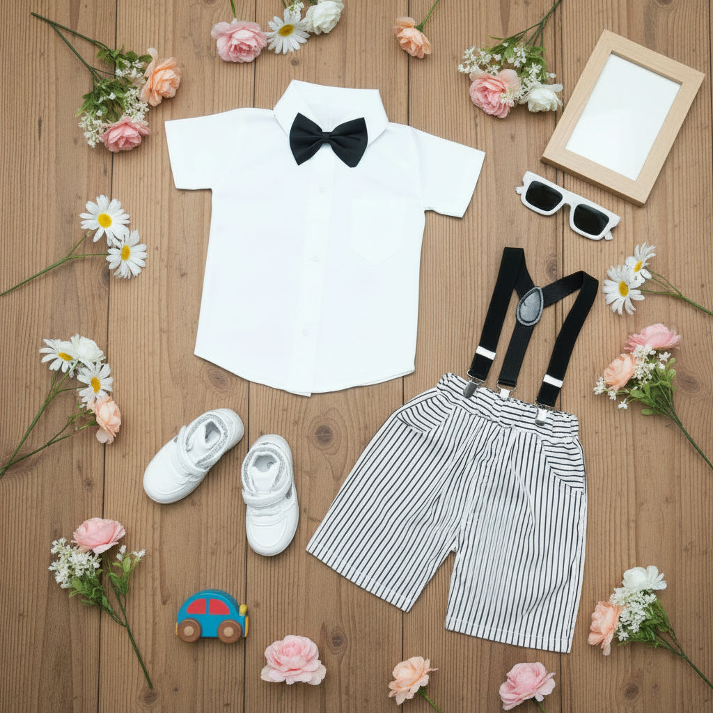 Children's outfit with white shirt, striped shorts, suspenders