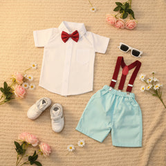 Baby Boy Toddler Boy Shirt & Suspender Contrast Shorts Set with Bow Tie Festive Summer Outfit