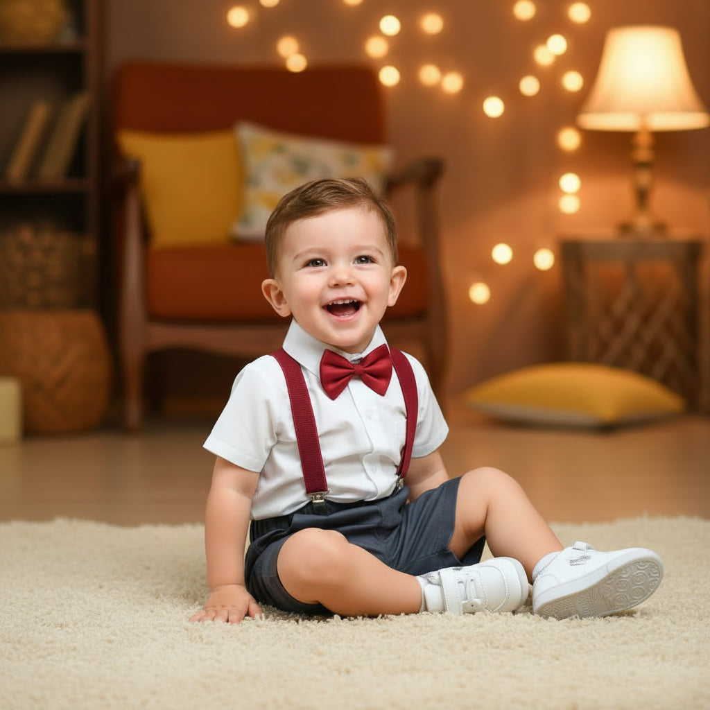 Baby Boy Toddler Boy Grace Glam Shirt & Suspender Contrast Shorts Set with Bow Tie Festive Summer Outfit