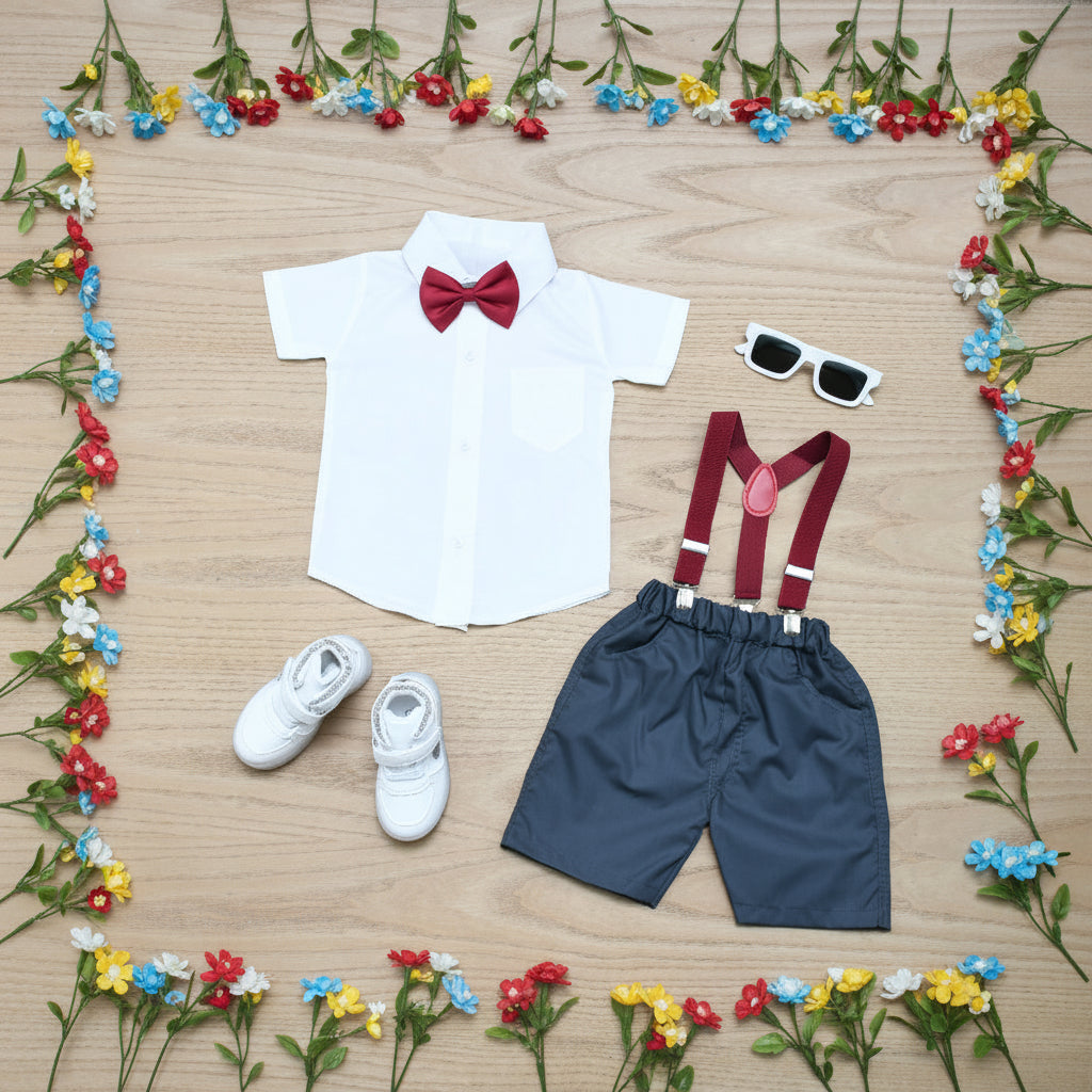 Baby Boy Toddler Boy Grace Glam Shirt & Suspender Contrast Shorts Set with Bow Tie Festive Summer Outfit