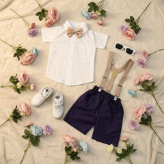 Baby Boy Toddler Boy White Pearl Shirt & Suspender Contrast Shorts Set with Bow Tie Festive Summer Outfit