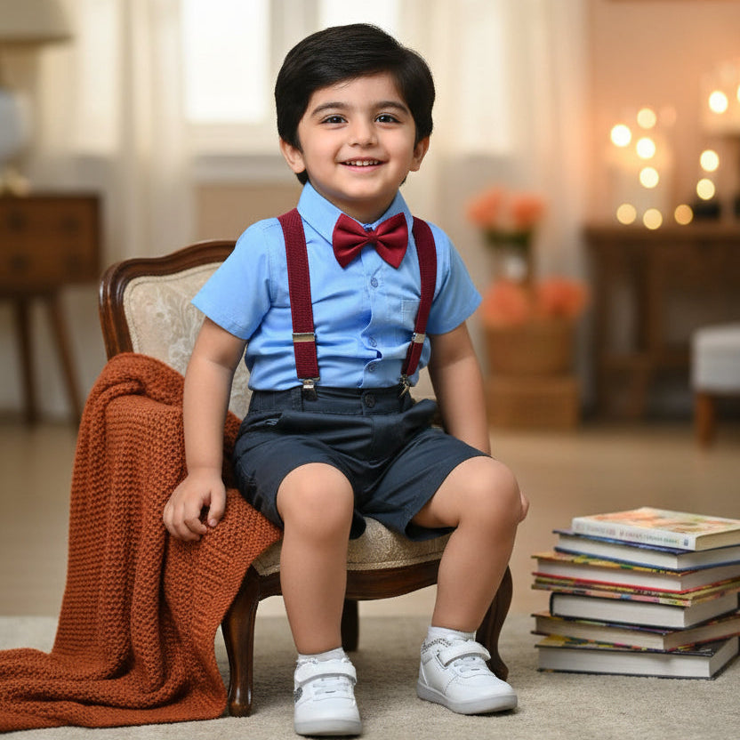 Baby Boy Toddler Boy Blue Charm Shirt & Suspender Contrast Shorts Set with Bow Tie Festive Summer Outfit