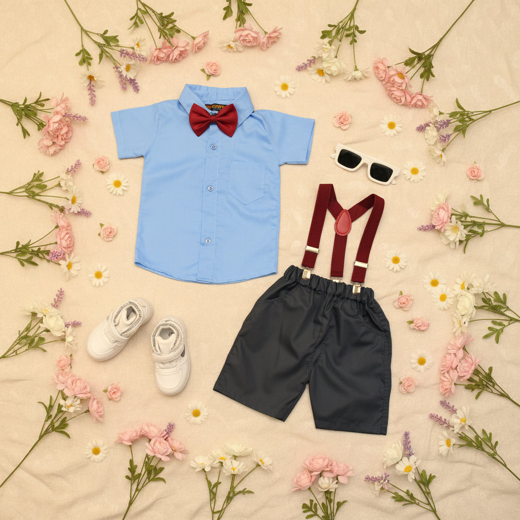 Baby Boy Toddler Boy Blue Charm Shirt & Suspender Contrast Shorts Set with Bow Tie Festive Summer Outfit