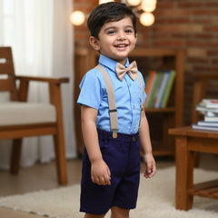 Baby Boy Toddler Boy Blue Berry Shirt & Suspender Contrast Shorts Set with Bow Tie Festive Summer Outfit