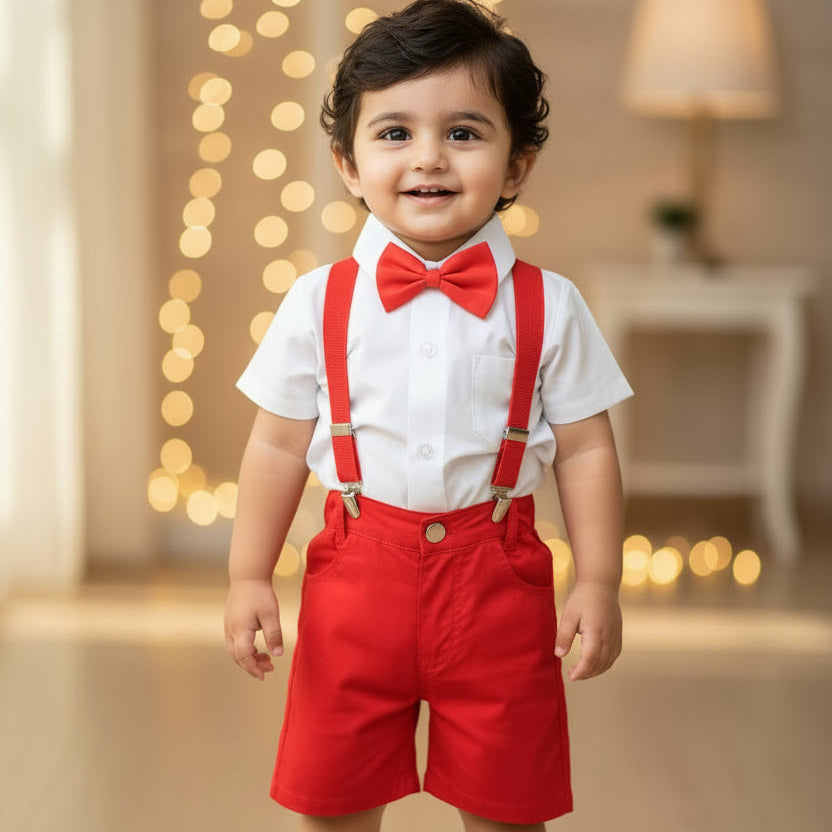 Baby Boy Toddler Boy Red Realm Shirt & Suspender Contrast Shorts Set with Bow Tie Festive Summer Outfit
