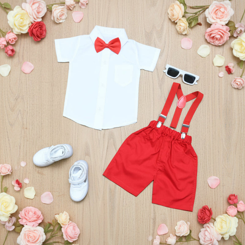 Baby Boy Toddler Boy Red Realm Shirt & Suspender Contrast Shorts Set with Bow Tie Festive Summer Outfit