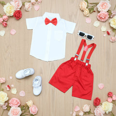 Baby Boy Toddler Boy Red Realm Shirt & Suspender Contrast Shorts Set with Bow Tie Festive Summer Outfit