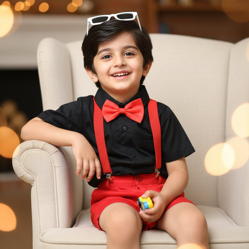 Baby Boy Toddler Boy Red Realm Shirt & Suspender Contrast Shorts Set with Bow Tie Festive Summer Outfit