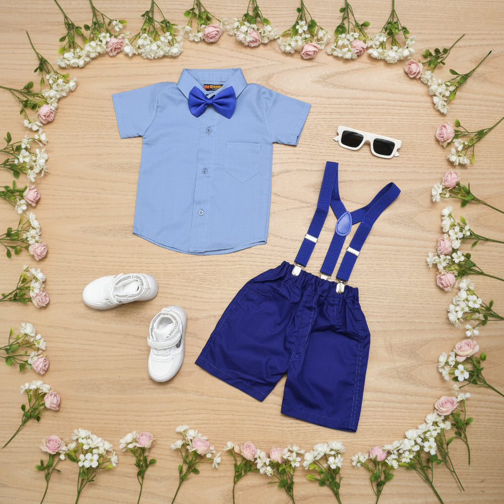 Baby Boy Toddler Boy Blue Bell Shirt & Suspender Contrast Shorts Set with Bow Tie Festive Summer Outfit