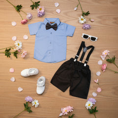 Baby Boy Toddler Boy Grey Grace Shirt & Suspender Contrast Shorts Set with Bow Tie Festive Summer Outfit