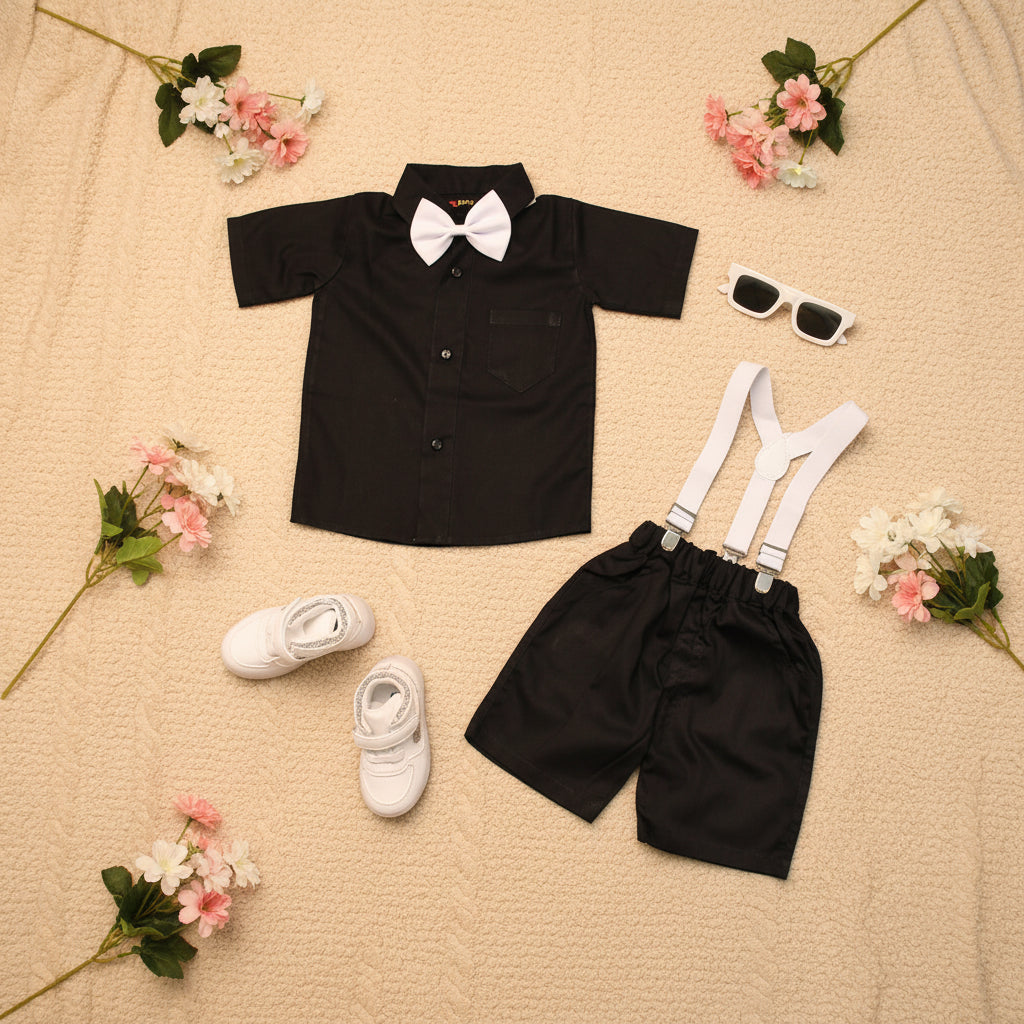 Baby Boy Toddler Boy Black Bash Shirt & Suspender Contrast Shorts Set with Bow Tie Festive Summer Outfit