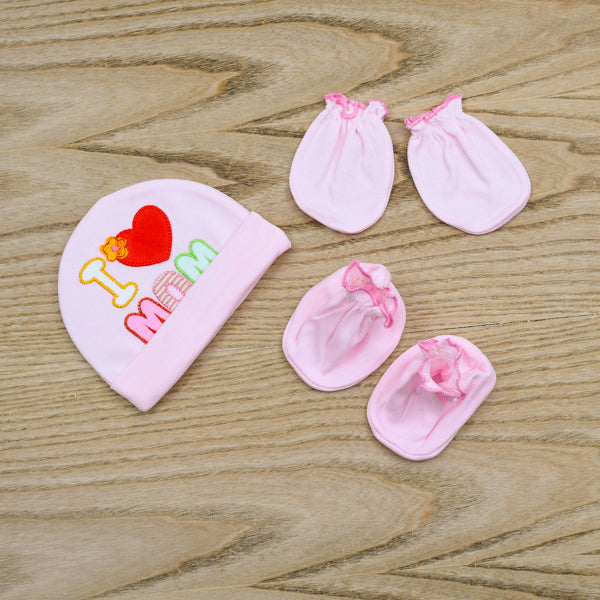 New Born Baby I love Mom Cap Botties and Mitten Set