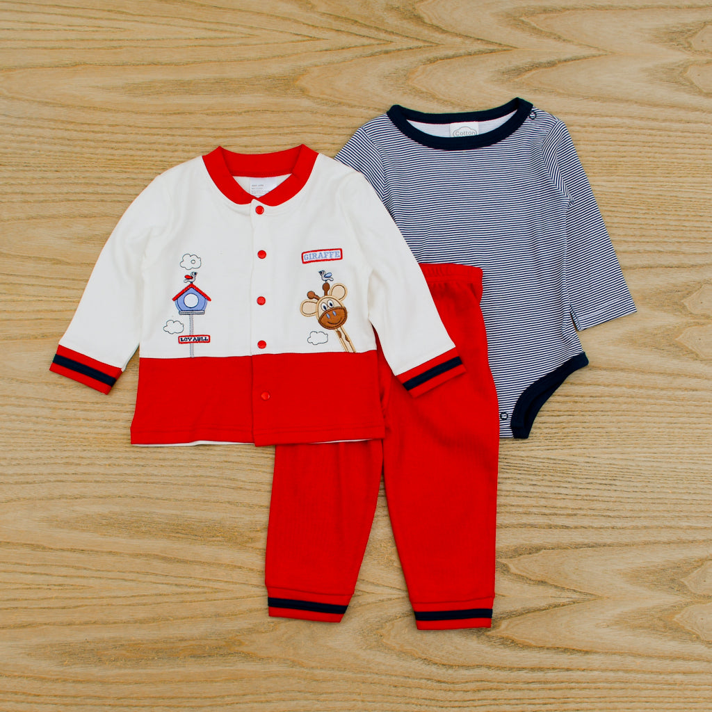 3 Pieces Superior Quality Cotton Button Down Giraffe Round Neck Baby Suit