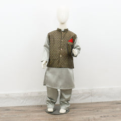 Silk Kurta Pajama & Jamawar Waistcoat Boy Dress