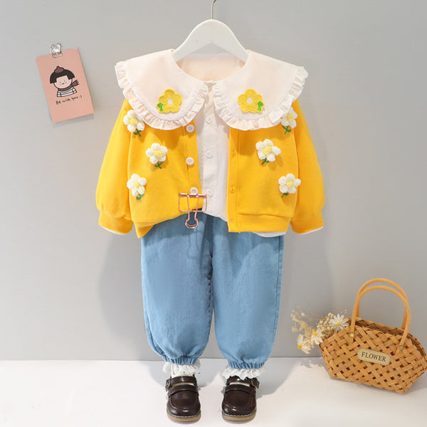 Flowers Charm 3 Piece Girls Sweater Shirt Pants Dress