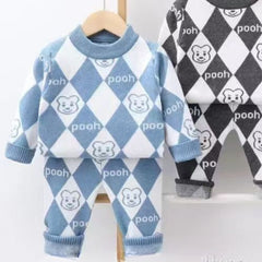 Cozy Bear Knit Baby Boy Baby Girl Outfit Set – Argyle Pattern Sweater & Pants