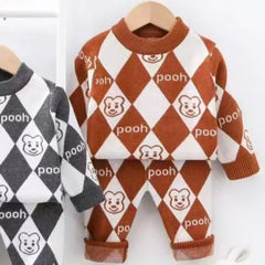 Cozy Bear Knit Baby Boy Baby Girl Outfit Set – Argyle Pattern Sweater & Pants