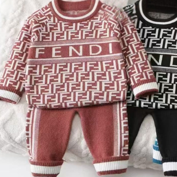 Luxury Designer-Inspired Baby Knitwear Set – 2-Piece Fuzzy Sweater & Pants