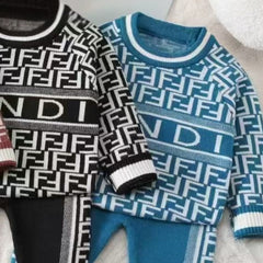 Luxury Designer-Inspired Baby Knitwear Set – 2-Piece Fuzzy Sweater & Pants