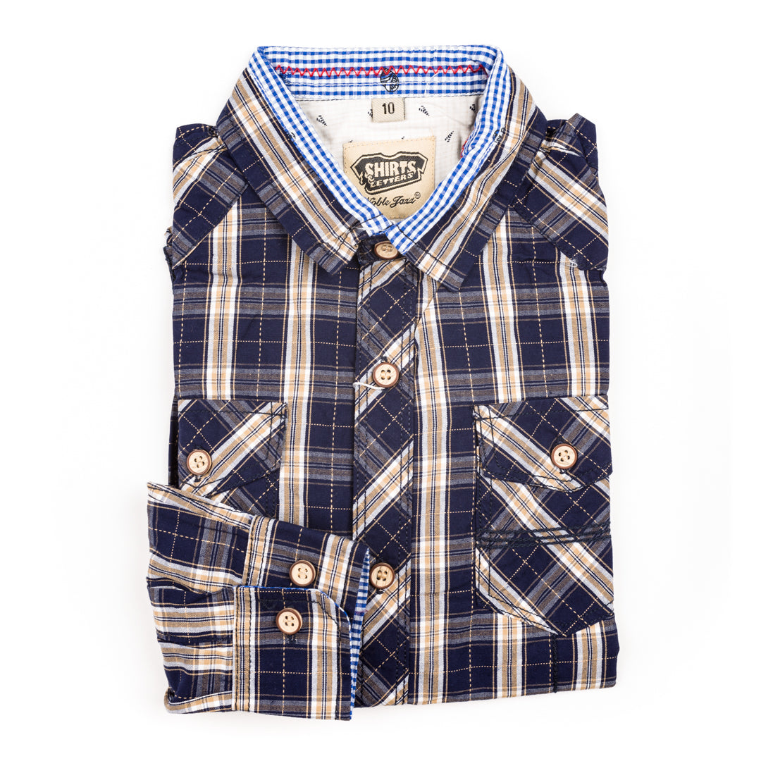 Boys Superior Quality Blue & Fawn Check Shirt