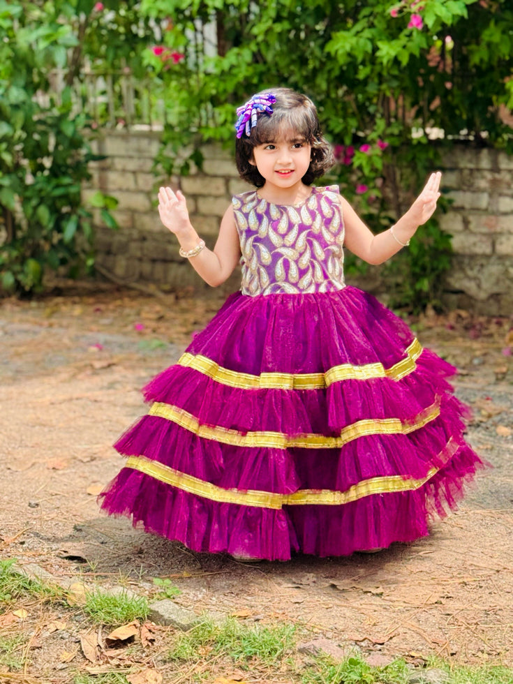 Elegant Sequin Bodice Sleeveless Frock with Net Frills & Gota Work Border – Perfect for Pageants, Parties & Weddings