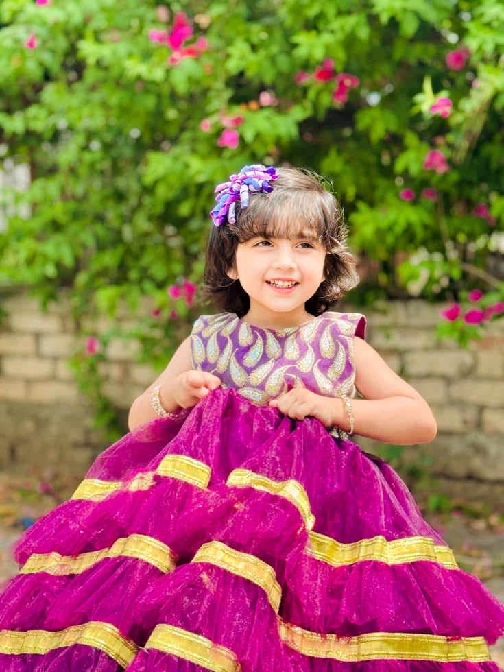 Elegant Sequin Bodice Sleeveless Frock with Net Frills & Gota Work Border – Perfect for Pageants, Parties & Weddings