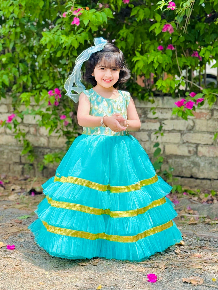 Elegant Sequin Bodice Sleeveless Frock with Net Frills & Gota Work Border – Perfect for Pageants, Parties & Weddings