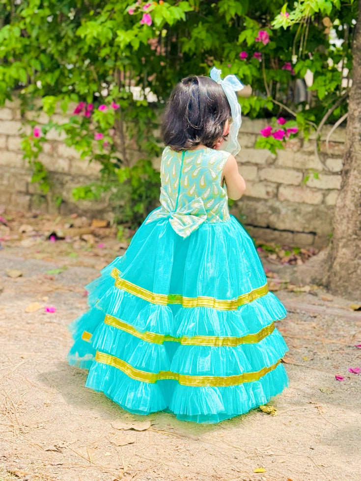 Elegant Sequin Bodice Sleeveless Frock with Net Frills & Gota Work Border – Perfect for Pageants, Parties & Weddings
