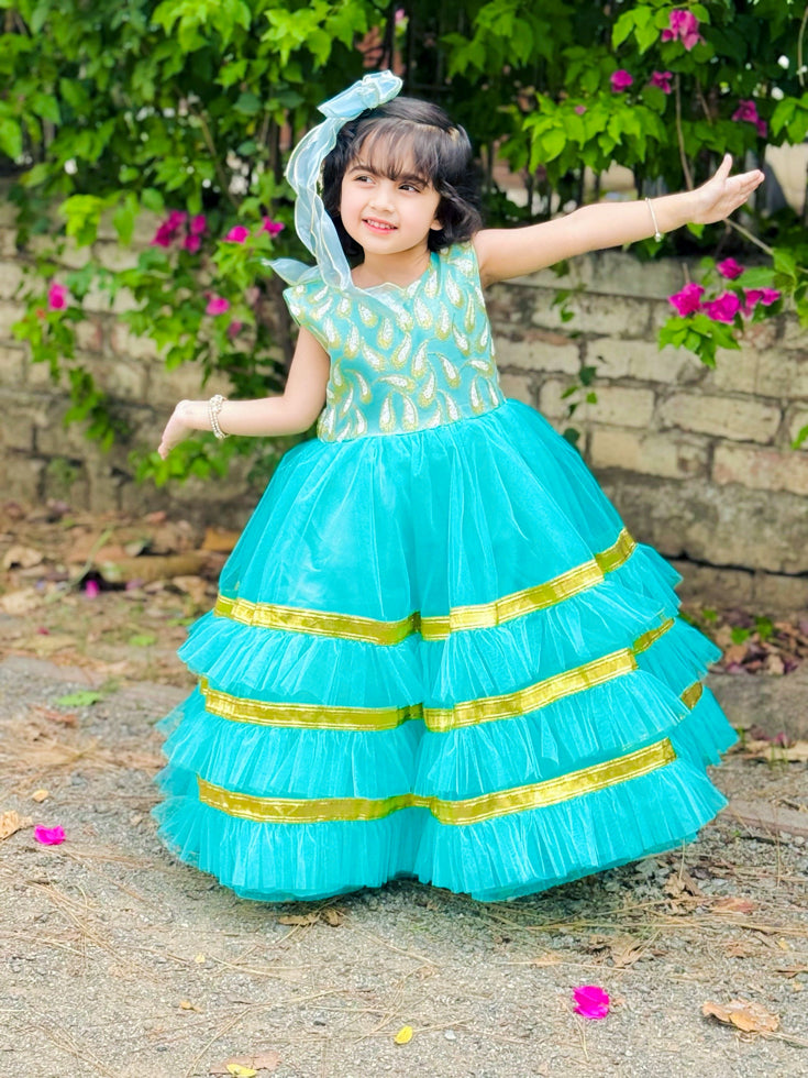 Elegant Sequin Bodice Sleeveless Frock with Net Frills & Gota Work Border – Perfect for Pageants, Parties & Weddings