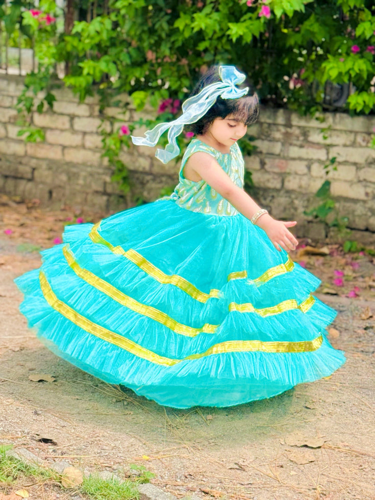 Elegant Sequin Bodice Sleeveless Frock with Net Frills & Gota Work Border – Perfect for Pageants, Parties & Weddings