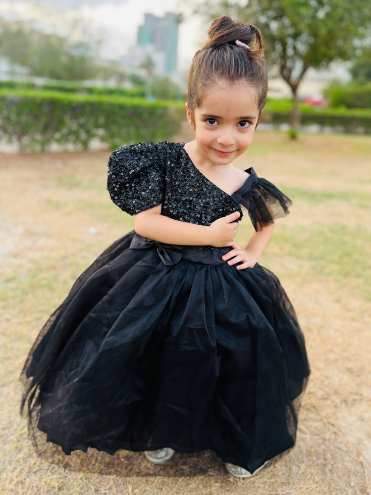 Girls Sequin Pageant Dress with Puff Sleeve – Full-Length Maxi Frock with Bow (Ages 1–12) | Eid, Wedding & Birthday Outfit