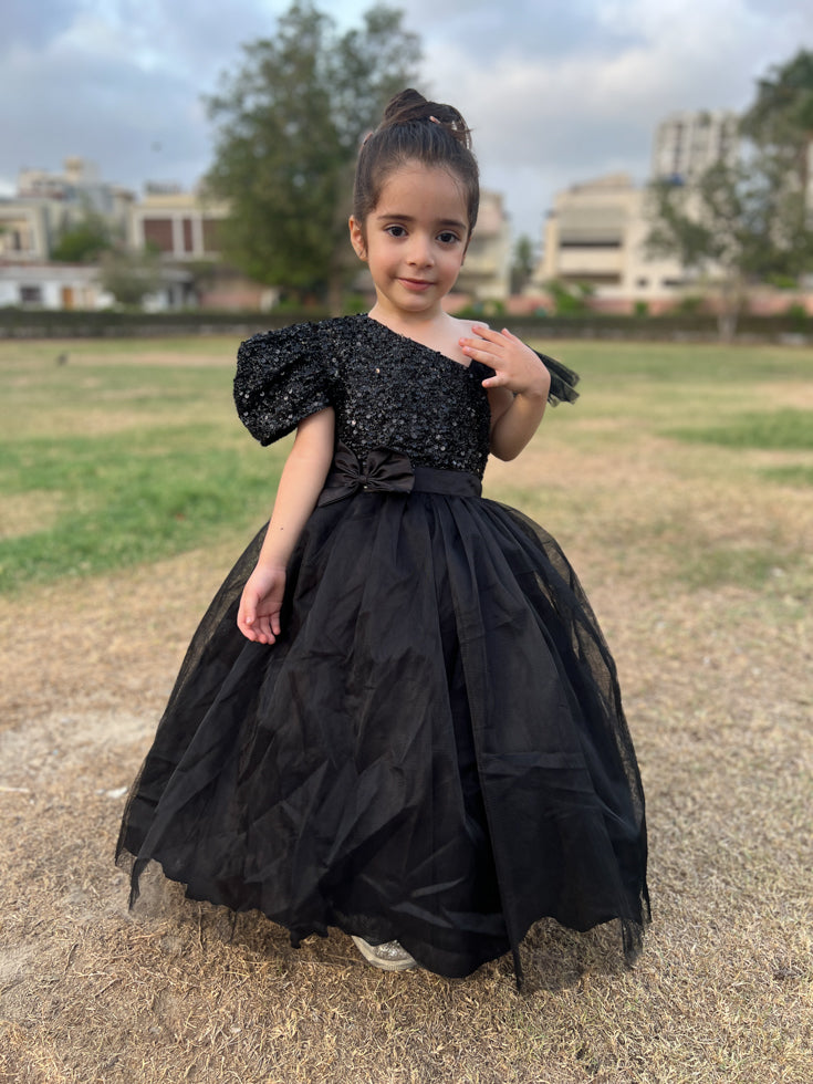 Girls Sequin Pageant Dress with Puff Sleeve – Full-Length Maxi Frock with Bow (Ages 1–12) | Eid, Wedding & Birthday Outfit