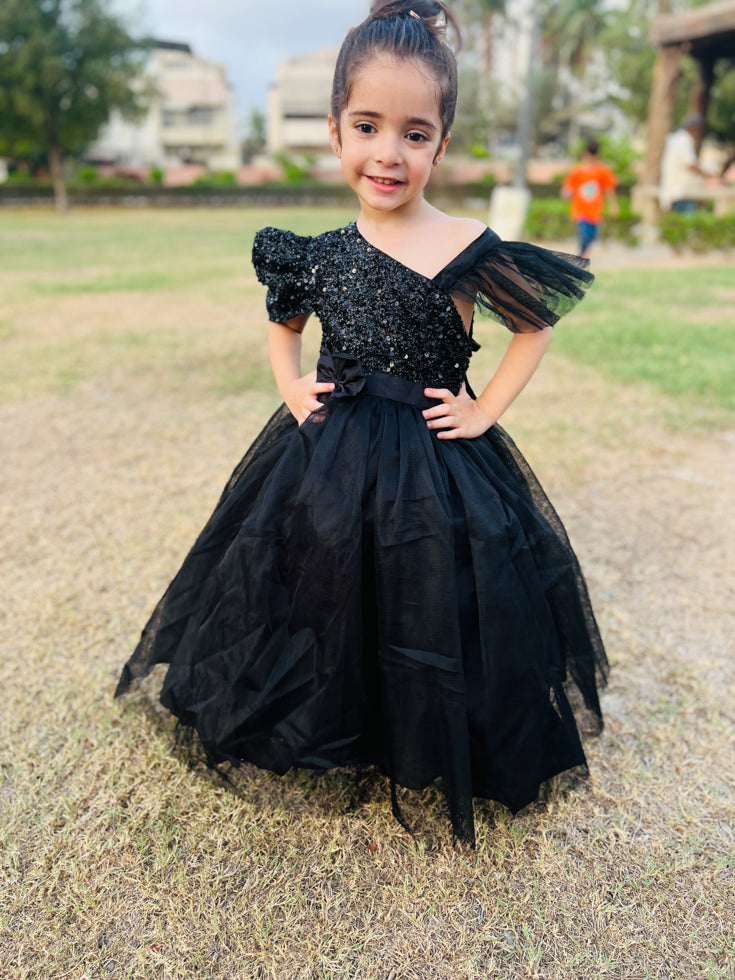 Girls Sequin Pageant Dress with Puff Sleeve – Full-Length Maxi Frock with Bow (Ages 1–12) | Eid, Wedding & Birthday Outfit