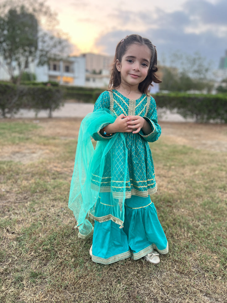 3-Piece Lace Embellished Frock with Net Dupatta & Lawn Gharara – Festive Eid & Wedding Ensemble