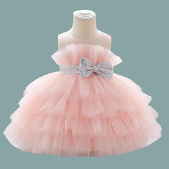 Sleeveless Multi Frills Mesh Knee Length Front Bow Pageant Frock