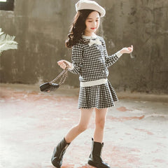 Check Cardigan Short Skirt 2 Piece Girls Woolen Dress